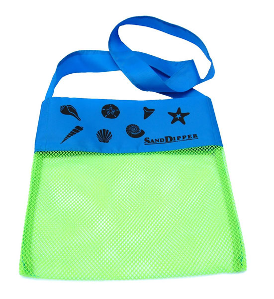 Green mesh bag with blue top section featuring beach-themed designs and 'SandDipper' branding on a white background.