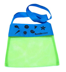 Green mesh bag with blue top section featuring beach-themed designs and 'SandDipper' branding on a white background.