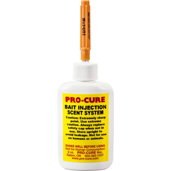 Pro-Cure bait injection scent system bottle with yellow label on a white background