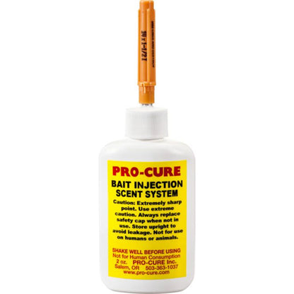 Pro-Cure bait injection scent system bottle with yellow label on a white background