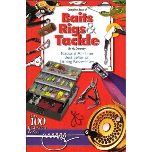 Book cover of 'Complete Book of Baits, Rigs & Tackle' with fishing tools and equipment on a red background.