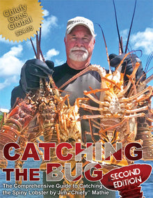 Book cover of 'Catching the Bug' with a man holding lobsters against a blue sky.