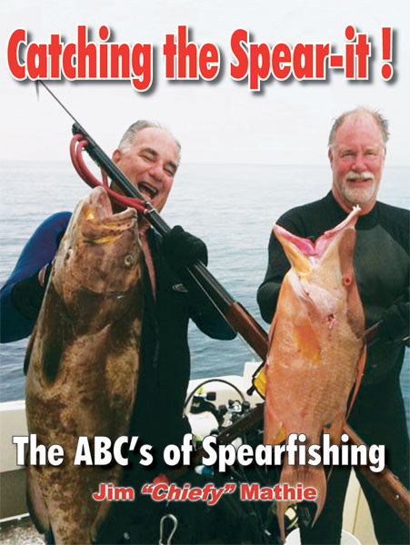 Two men holding spears and large fish with text about spearfishing on a blue background
