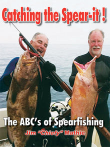 Two men holding spears and large fish with text about spearfishing on a blue background