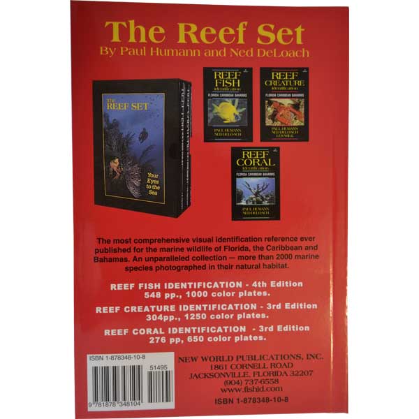 Back cover of 'The Reef Set' by Paul Humann and Ned DeLoach with product images and text.