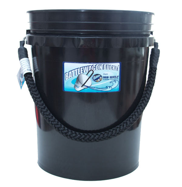 Black bucket with a label on a white background