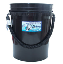 Black bucket with a label on a white background