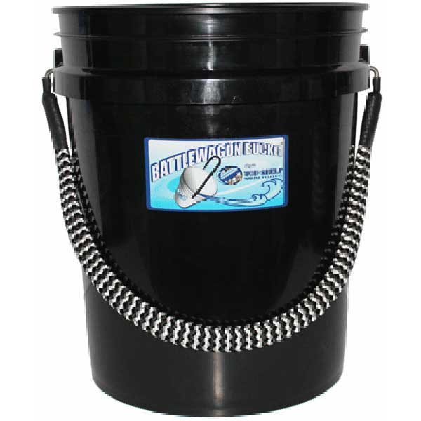 Black bucket with a visible brand label on a white background