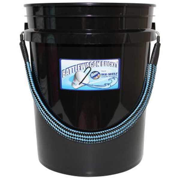 Black bucket with blue handles and a visible brand label on a white background