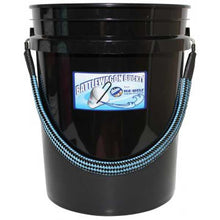 Black bucket with blue handles and a visible brand label on a white background
