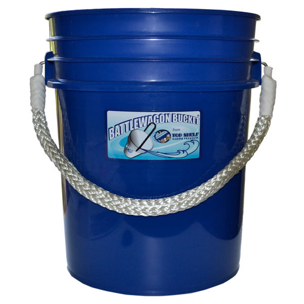 Blue bucket with a rope handle and visible brand label on a white background