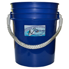 Blue bucket with a rope handle and visible brand label on a white background
