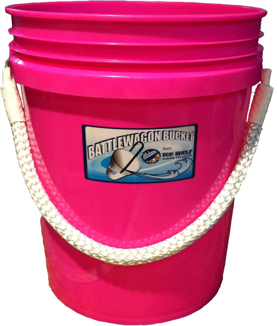 Pink bucket with a rope handle and Battlewagon Bucket logo on a white background