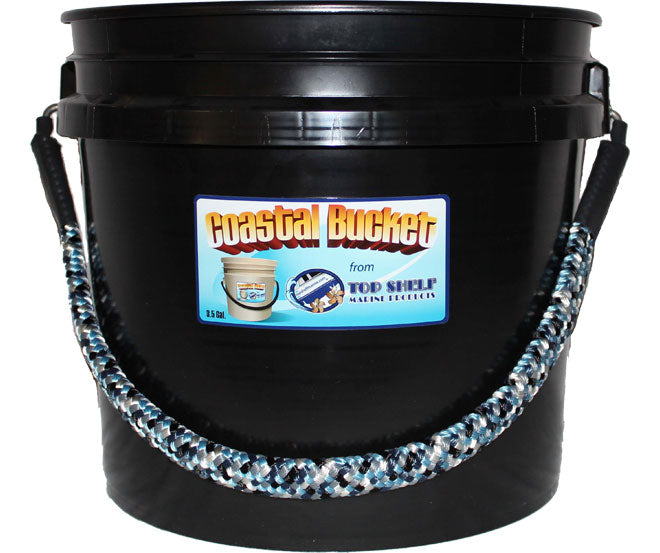 Black bucket with decorative handle and 'Coastal Bucket' label on a white background