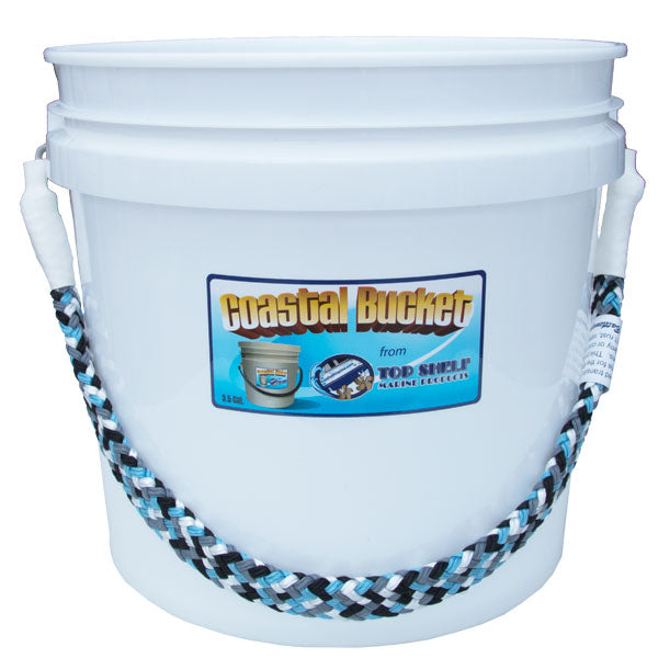 White bucket with a rope handle and 'Coastal Bucket' label on a white background