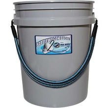 Gray bucket with a blue handle and Battlewagon Buckle logo on a white background