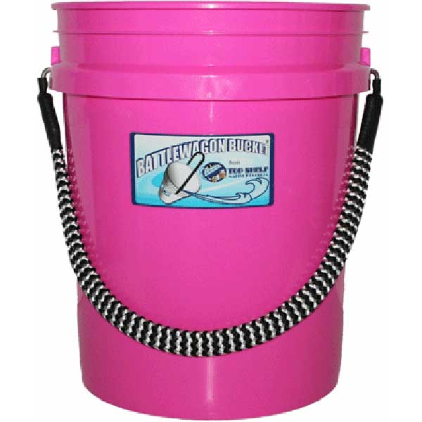 Pink bucket with a rope handle and visible brand logo on a white background