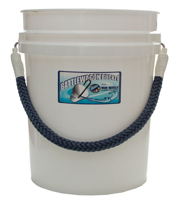 White bucket with a rope handle and Battlewagon Buckets logo on a white background