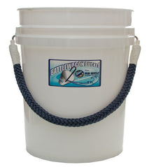 White bucket with a rope handle and Battlewagon Buckets logo on a white background