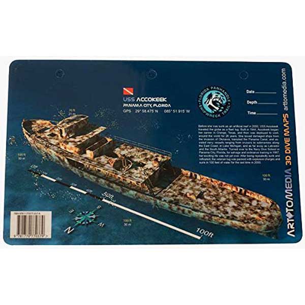 shipwreck on a map background with dive media branding