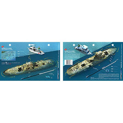 Two views of a sunken ship with diving equipment on a blue background