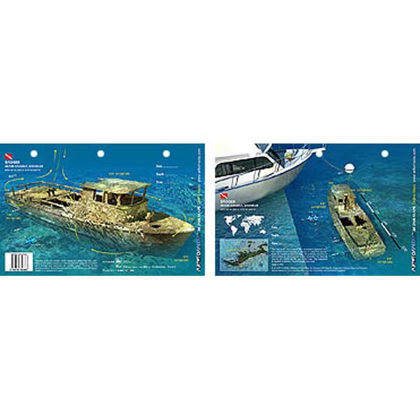 Model of a sunken ship with diving boat and underwater scene on a blue background