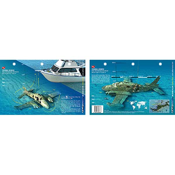 2 card images of sunken airplane and a boat on a blue background.