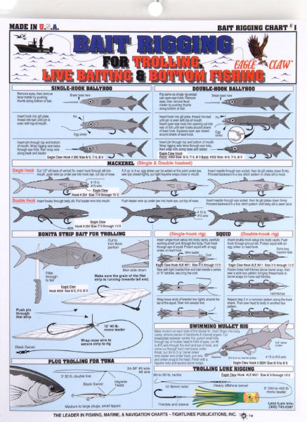 Bait rigging chart for trolling and bottom fishing with various fish illustrations and text.