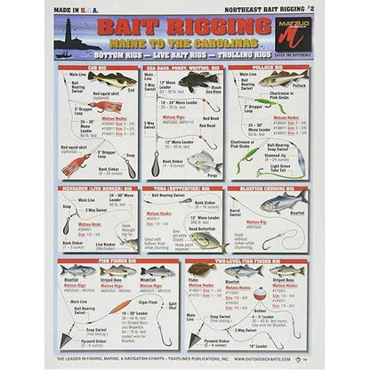 Fishing rigging chart for Northeast Bait Rigging, featuring various fishing techniques and equipment.