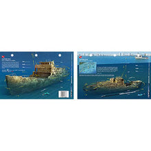 Two views of a shipwreck on a blue background