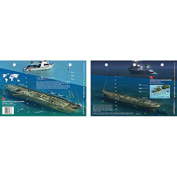 Two images showing a sunken ship with a boat above it, one on a world map background and the other underwater.