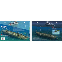 Two images showing a sunken ship with a boat above it, one on a world map background and the other underwater.