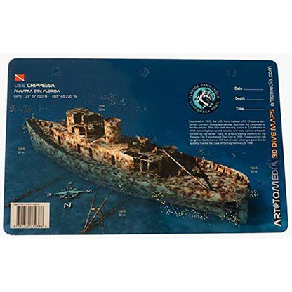 Worn shipwreck on a map with Art to Media 3D Dive Map branding