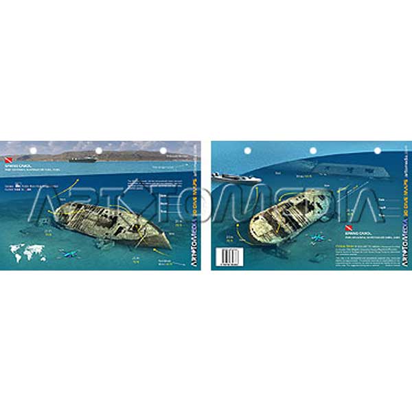 Two views of a sunken ship with diving information on a white background