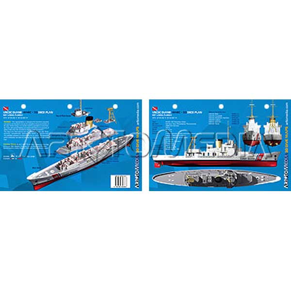 many views of the deck of a shipwreck with blue background and detailed illustrations of a ship.