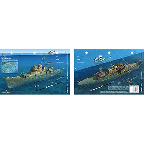 Two views of a shipwreck on a blue background