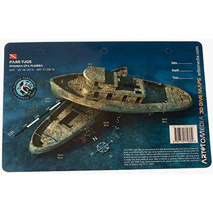 Model of a ship on a promotional card with branding and text