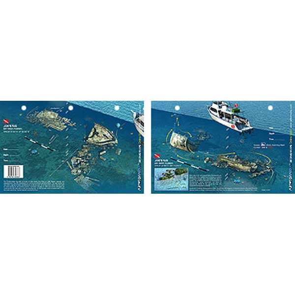 Two views of a shipwreck with a boat nearby on a blue background