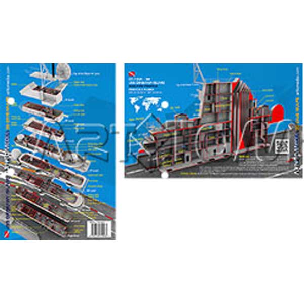 shipwreck diagram of inside ship with blue background and assembly diagram