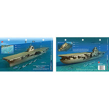 Model of an aircraft carrier with a detailed layout on a blue background