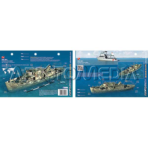 Two images of a shipwreck underwater with detailed features on a blue background.