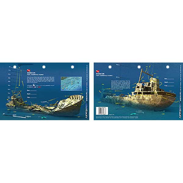 card with images of a sunken ship on a blue background