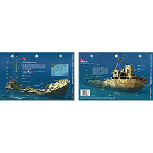 card with images of a sunken ship on a blue background