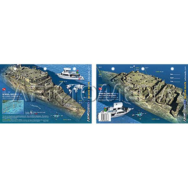 Two views of a shipwreck with a boat nearby on a blue background