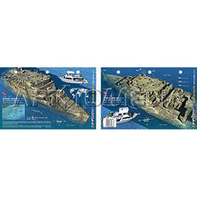 Two views of a shipwreck with a boat nearby on a blue background