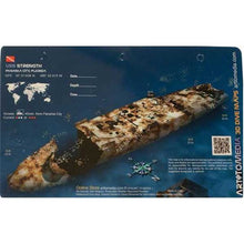 reef site card showing wreck underwater with a map and QR code on a blue background