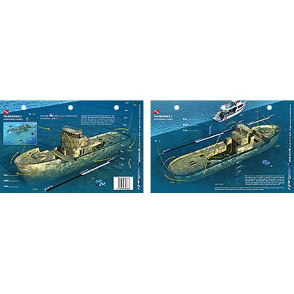 Two views of a sunken ship with a boat nearby on a blue background
