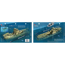 Two views of a sunken ship with a boat nearby on a blue background