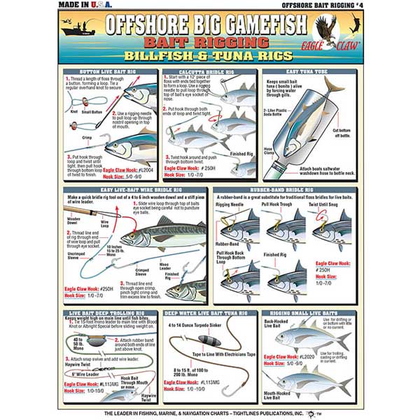 Fishing chart with offshore big gamefish bait rigging instructions and illustrations.