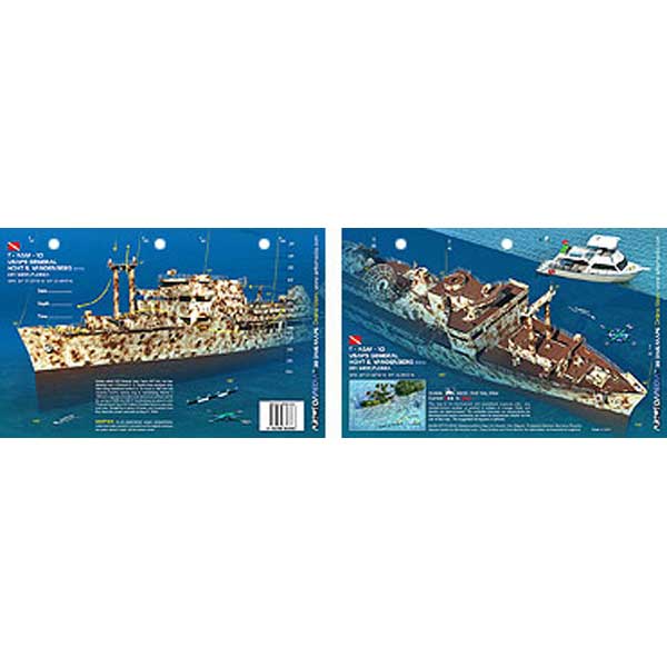 Two views of a ship on a blue background with text and graphics.